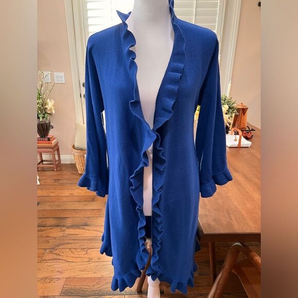Royal Blue Ruffled Trim Draped Long Knit Whimsical Coquette Cardigan Duster Sz M - Picture 1 of 7